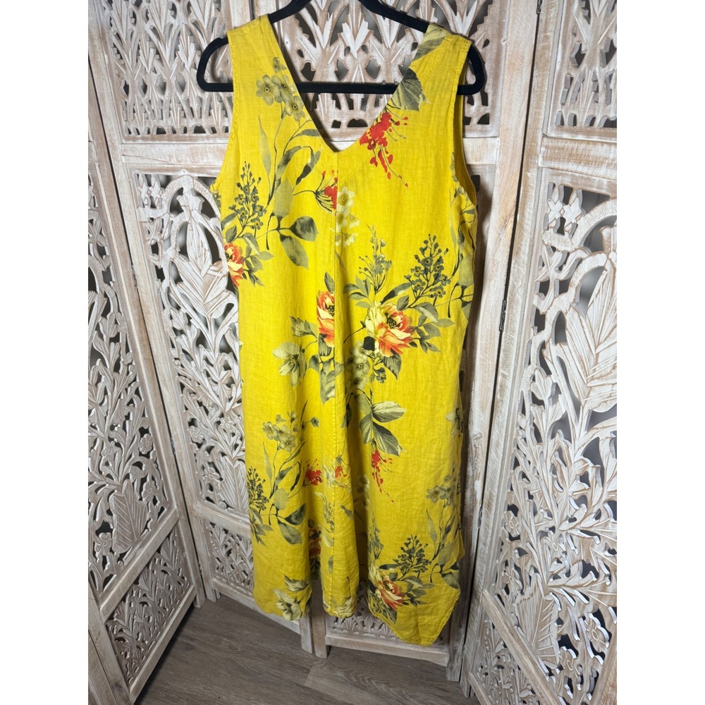 Yellow Floral Linen Maxi Dress V-Neck Sleeveless Boho Pockets Lagenlook 0449 - Picture 5 of 6